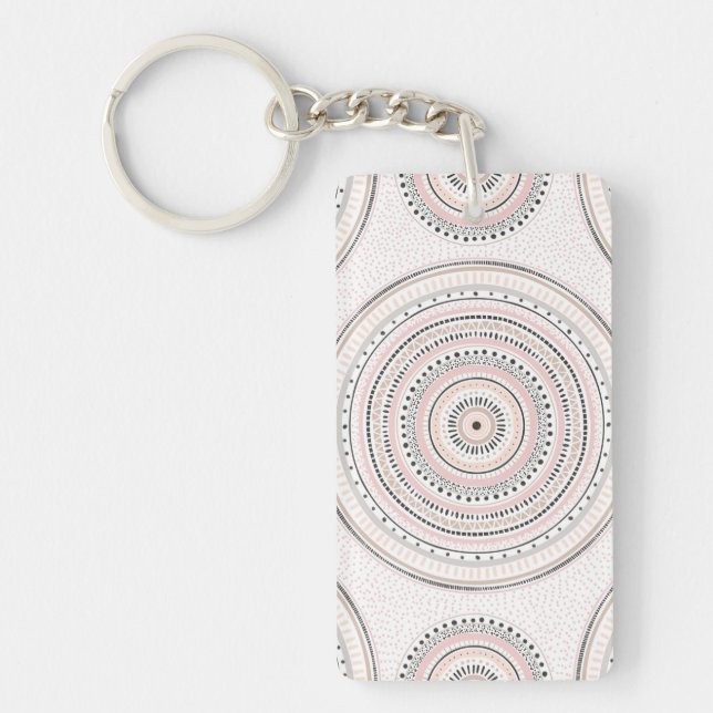 Pink and gray dots and strokes Doodles Mandala Keychain (Front)