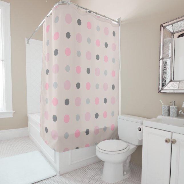 Pink and Gray Dots Shower Curtain (In Situ)