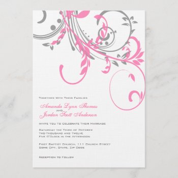 Pink And Gray Double Floral Wedding Invitation by TheBrideShop at Zazzle