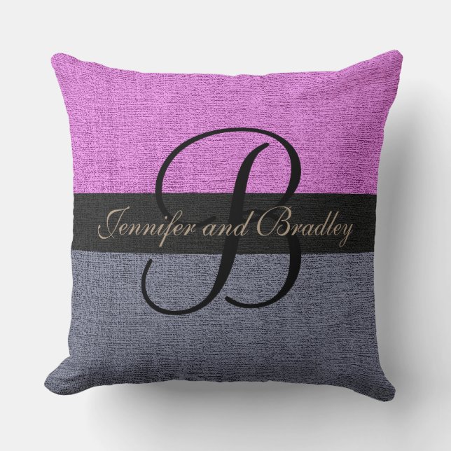 Pink and Gray Elegant Monogram Wedding Throw Pillow (Front)