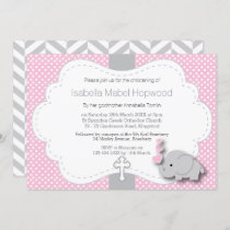 Pink and Gray Elephant 🐘 Baby - Christening Invitation