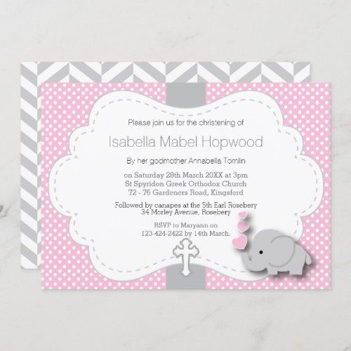 Pink and Gray Elephant  Baby _ Christening Invitation