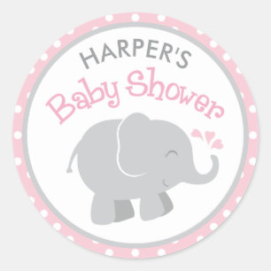 Pink and Gray Elephant Baby Girl Shower Classic Round Sticker