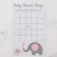 Pink and Gray Elephant Baby Shower Bingo Game Card Flyer