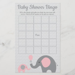 Pink and Gray Elephant Baby Shower Bingo Game Card Flyer