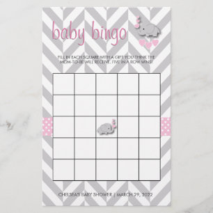 Pink and Gray Elephant Baby Shower Bingo Stationery