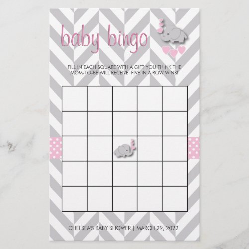 Pink and Gray Elephant Baby Shower Bingo Stationery