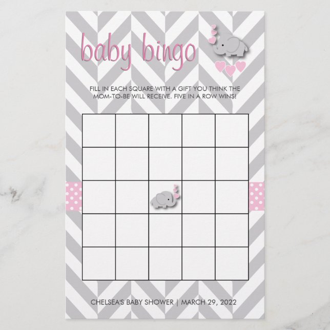 Pink and Gray Elephant Baby Shower Bingo Stationery (Front)
