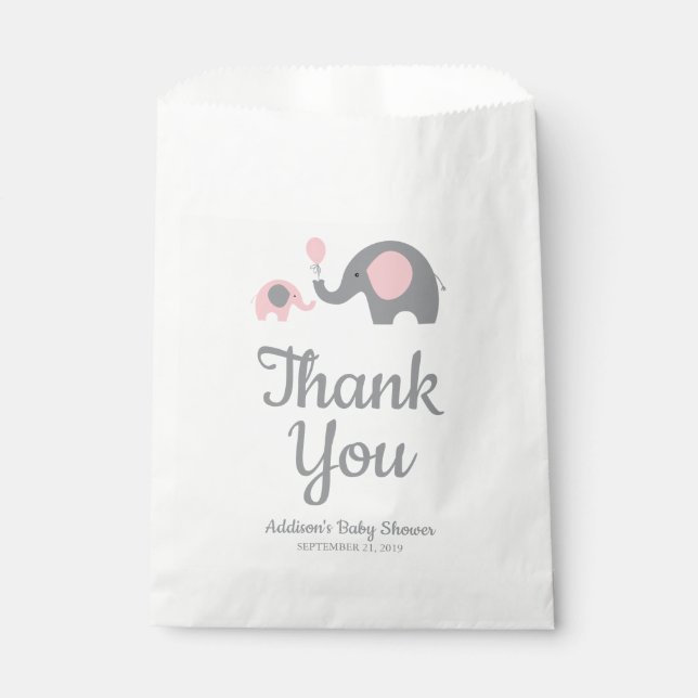 Pink and Gray Elephant Baby Shower Favor Bags (Front)