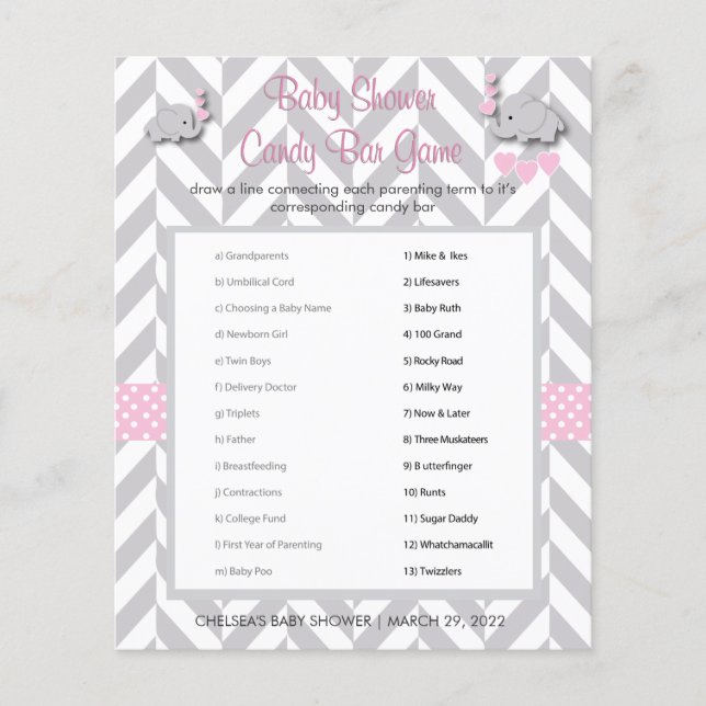 Pink and Gray Elephant Baby Shower Game (Front)