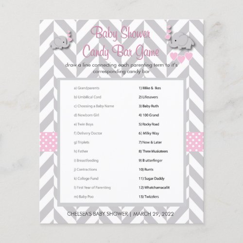 Pink and Gray Elephant Baby Shower Game