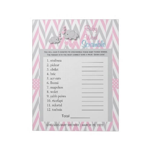 Pink and Gray Elephant Baby Shower Game 2 Notepad