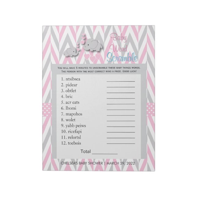 Pink and Gray Elephant Baby Shower Game 2 Notepad (Rotated)