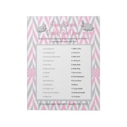 Pink and Gray Elephant Baby Shower Game 2 Notepad
