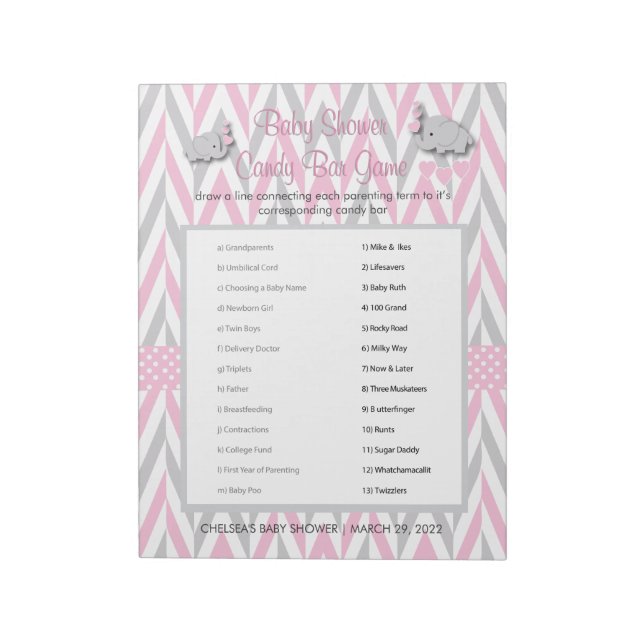 Pink and Gray Elephant Baby Shower Game 2 Notepad (Rotated)