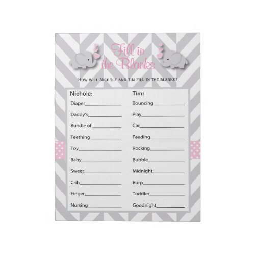 Pink and Gray Elephant Baby Shower Game _ Custom Notepad