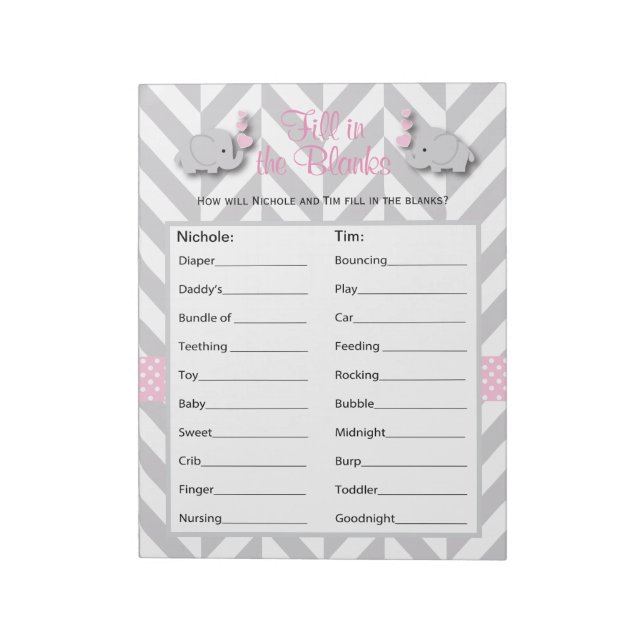 Pink and Gray Elephant Baby Shower Game - Custom Notepad (Rotated)