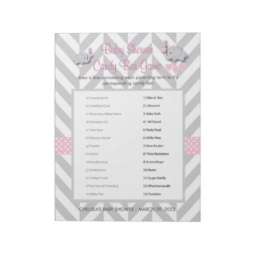 Pink and Gray Elephant Baby Shower Game Notepad
