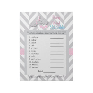Pink and Gray Elephant Baby Shower Game Notepad