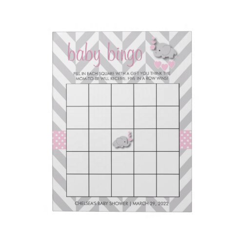 Pink and Gray Elephant  Baby Shower _ Game Notepad