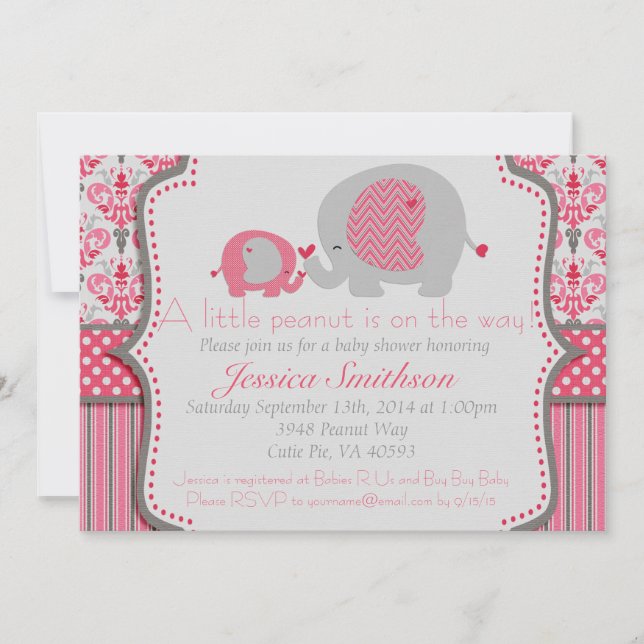 Pink and Gray Elephant Baby Shower Invitation (Front)