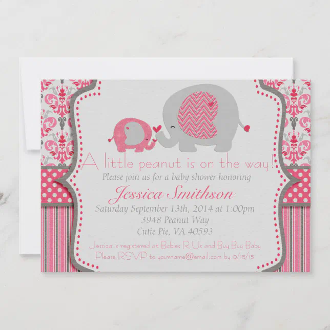 Pink and Gray Elephant Baby Shower Invitation | Zazzle