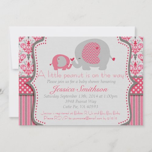 Pink and Gray Elephant Baby Shower Invitation