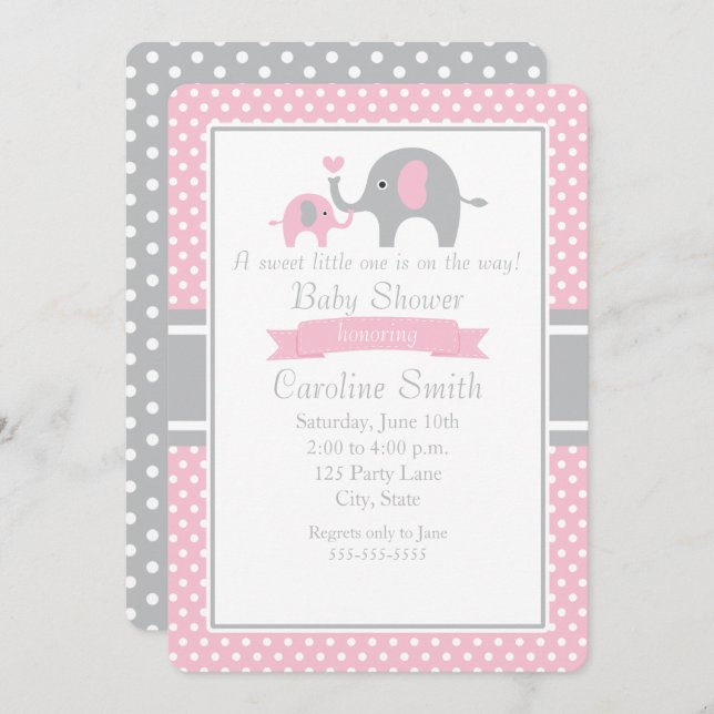 Pink and Gray Elephant Baby Shower Invitation (Front/Back)