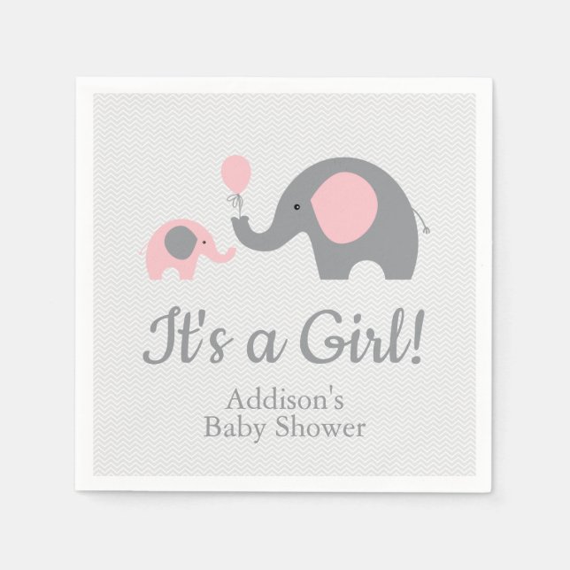 Pink and Gray Elephant Baby Shower Napkins (Front)