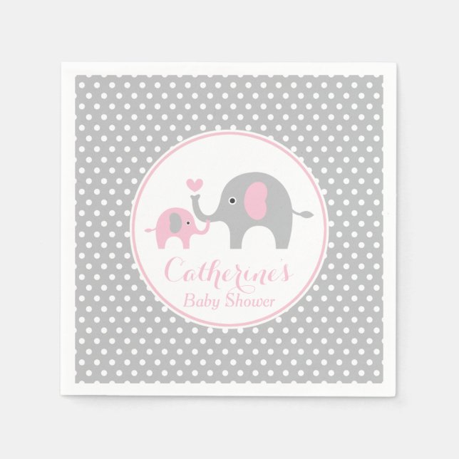 Pink and Gray Elephant Baby Shower Paper Napkin (Front)