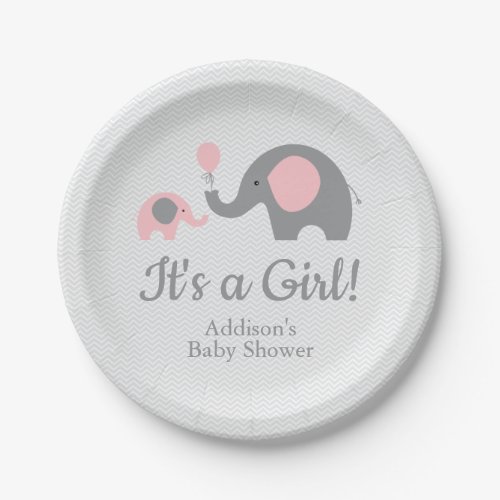 Pink and Gray Elephant Baby Shower Paper Plates
