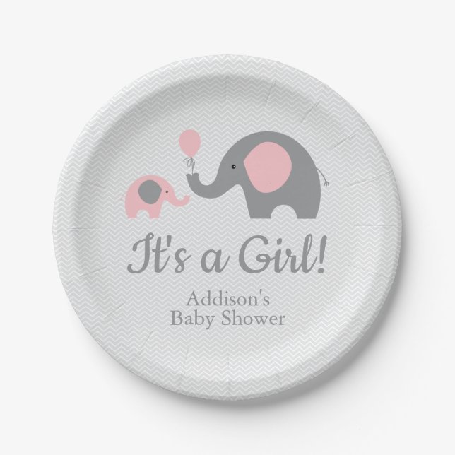 Pink and Gray Elephant Baby Shower Paper Plates (Front)