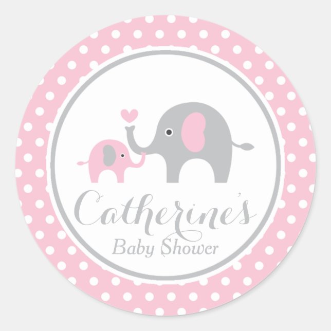 Pink and Gray Elephant Baby Shower Sticker (Front)