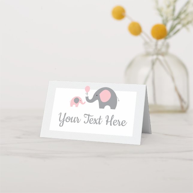 Pink and Gray Elephant Baby Shower Tent Cards (Front)