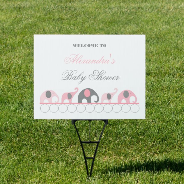 Pink and Gray Elephant Baby Shower Welcome Yard Sign (Insitu)