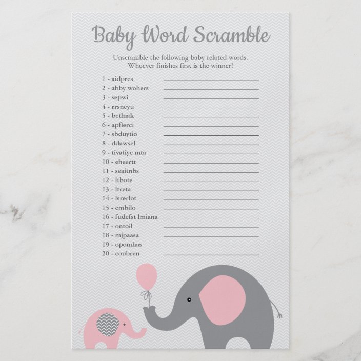 Pink And Gray Elephant Baby Shower Word Scramble Flyer Zazzle Com
