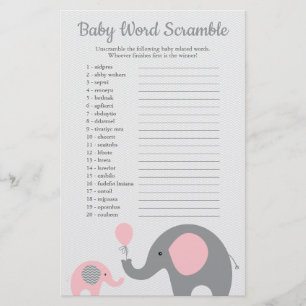 Pink and Gray Elephant Baby Shower Word Scramble Flyer