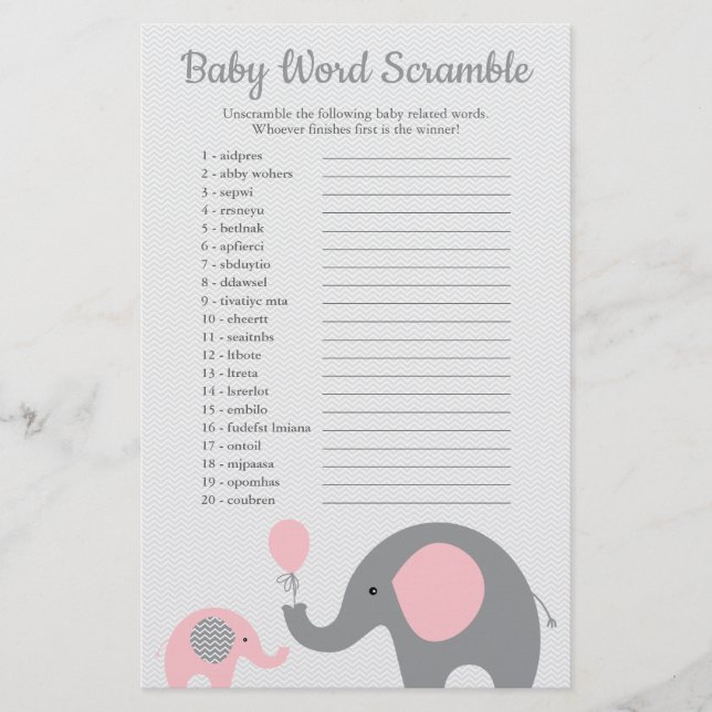 Pink and Gray Elephant Baby Shower Word Scramble Flyer (Front)