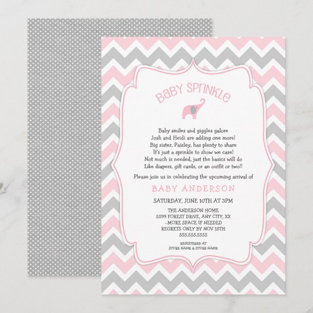 Pink and Gray elephant baby sprinkle Invitation (Front/Back)