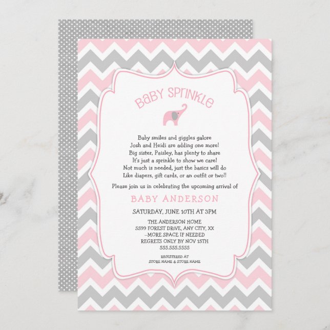 Pink and Gray elephant baby sprinkle Invitation (Front/Back)