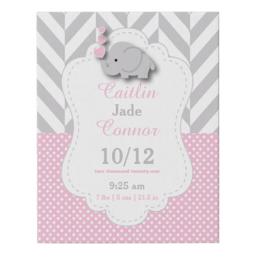 Pink and Gray Elephant _ Birth Information Faux Canvas Print