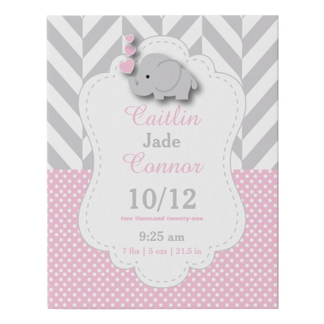 Pink and Gray Elephant - Birth Information Faux Canvas Print (Front)