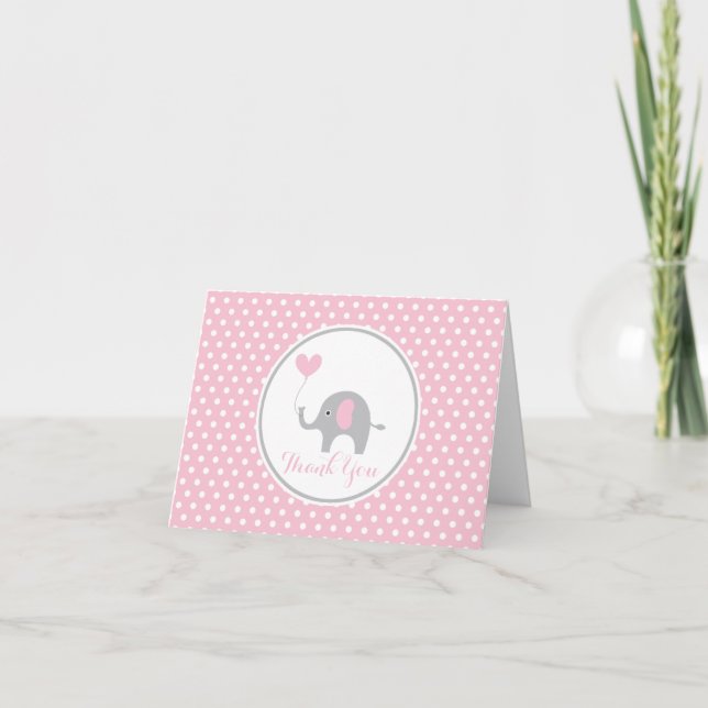 Pink and Gray Elephant Birthday Thank You Note Card (Front)