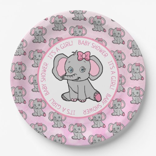 Pink and Gray Elephant Themed Baby Shower Paper Plates