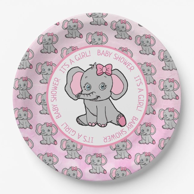 Pink and Gray Elephant Themed Baby Shower Paper Plates (Front)