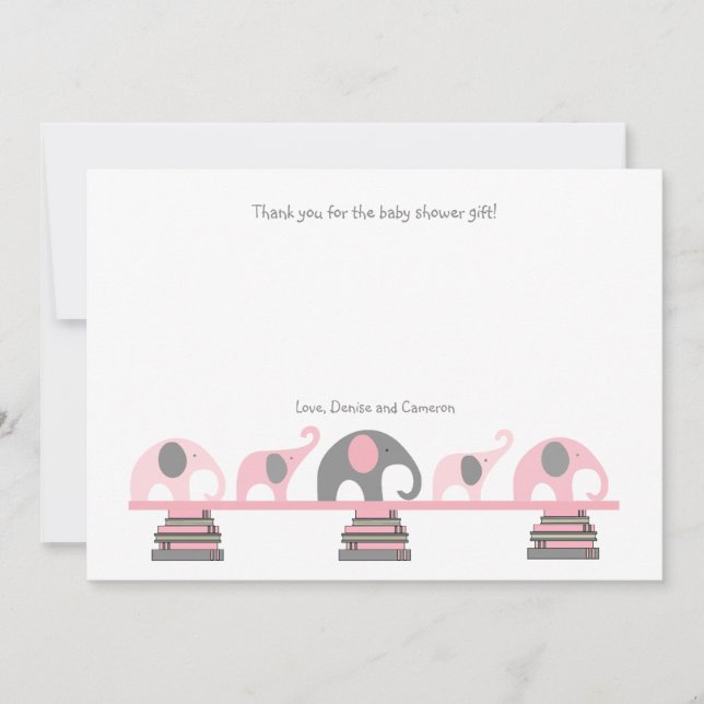 Pink and Gray elephants book baby shower thank you Card (Front)