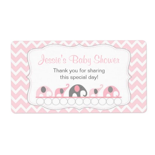 Pink and Gray Elephants Water Bottle Favor Label