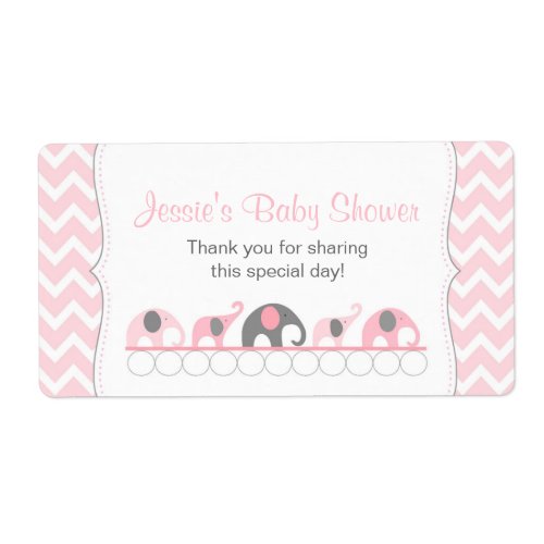 Pink and Gray Elephants Water Bottle Favor Label