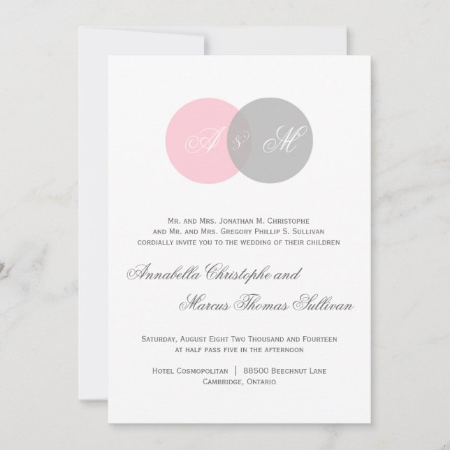 Pink and Gray Entwined Circles Wedding Invitation (Front)