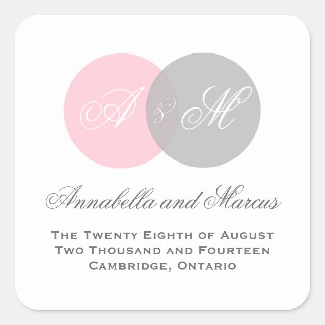 Pink and Gray Entwined Monogram Wedding Sticker (Front)
